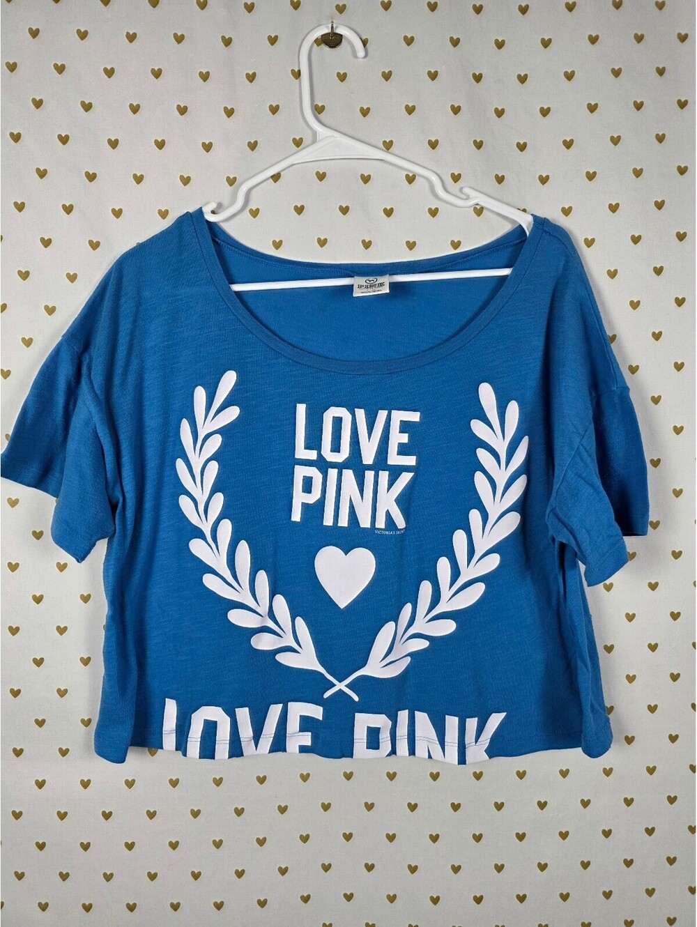 Victorias Secret PINK Cropped Vintage Y2k LOVE Logo Large Blue Tee shirt
